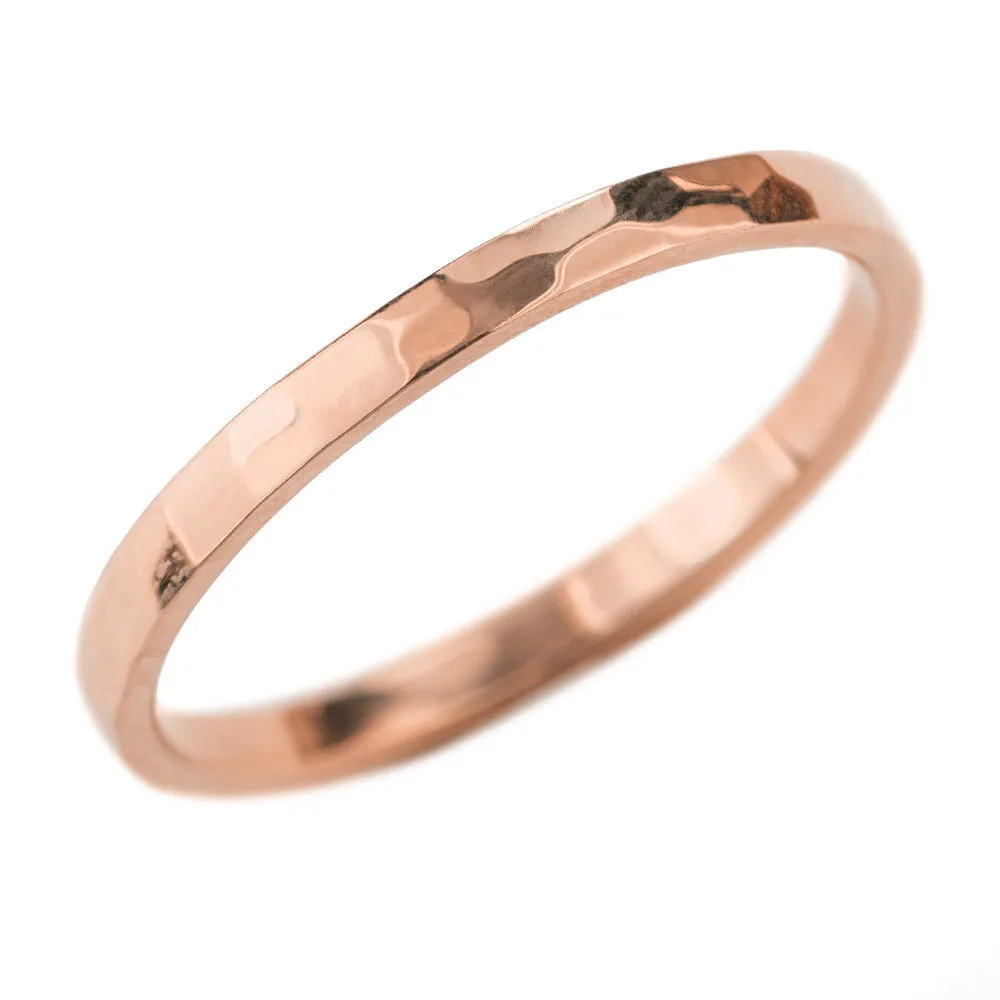1.7mm Square 14k Rose Gold Wedding Band, Hammered Polished