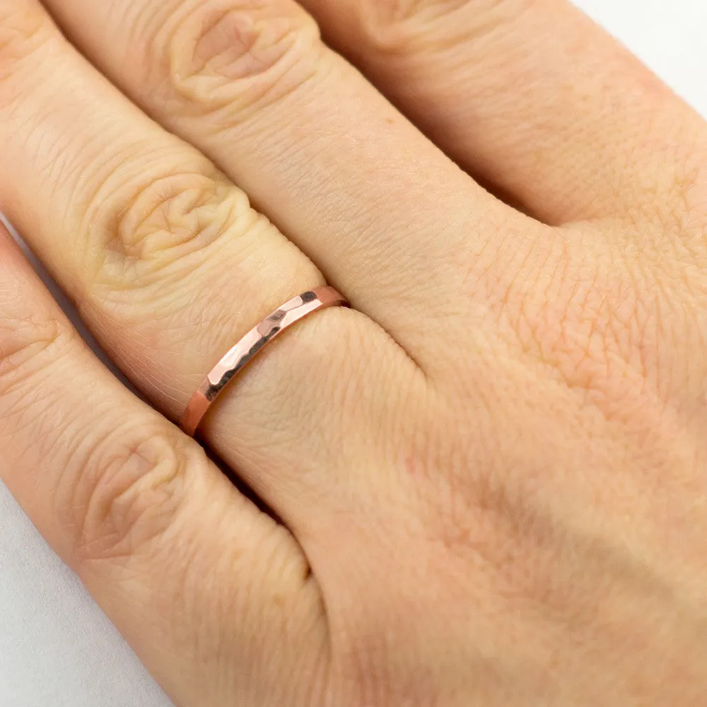 1.7mm Square 14k Rose Gold Wedding Band, Hammered Polished