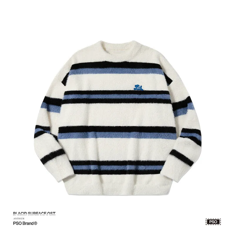 Advbridge sweaters Cute Puppy Contrast Color Striped Imitation Mohair Sweater Men's Autumn and Winter New Couple Knitted Bottoming Shirt Men's and Women's Fashion