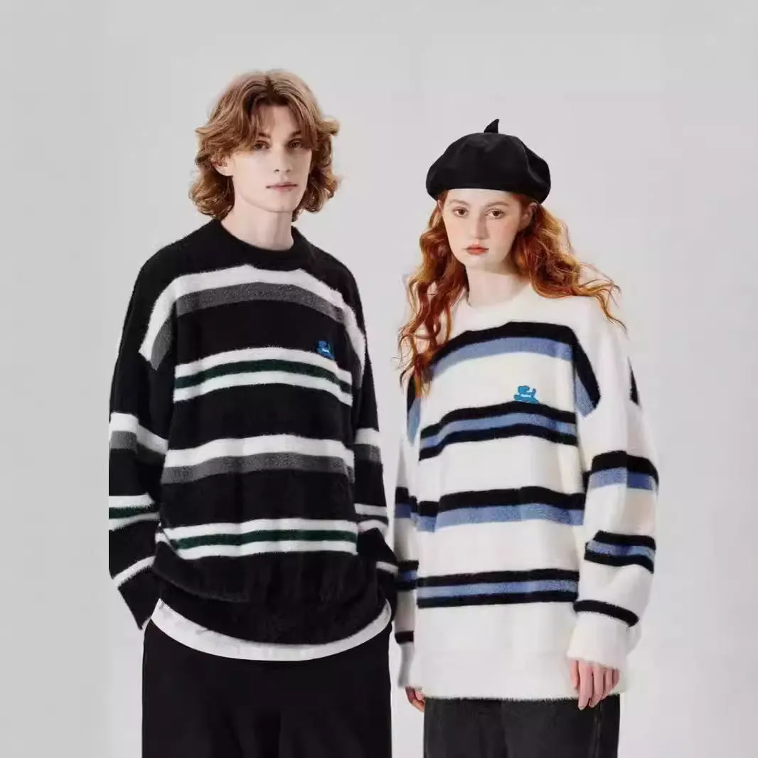 Advbridge sweaters Cute Puppy Contrast Color Striped Imitation Mohair Sweater Men's Autumn and Winter New Couple Knitted Bottoming Shirt Men's and Women's Fashion
