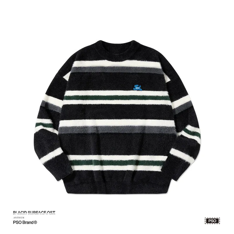 Advbridge sweaters Cute Puppy Contrast Color Striped Imitation Mohair Sweater Men's Autumn and Winter New Couple Knitted Bottoming Shirt Men's and Women's Fashion