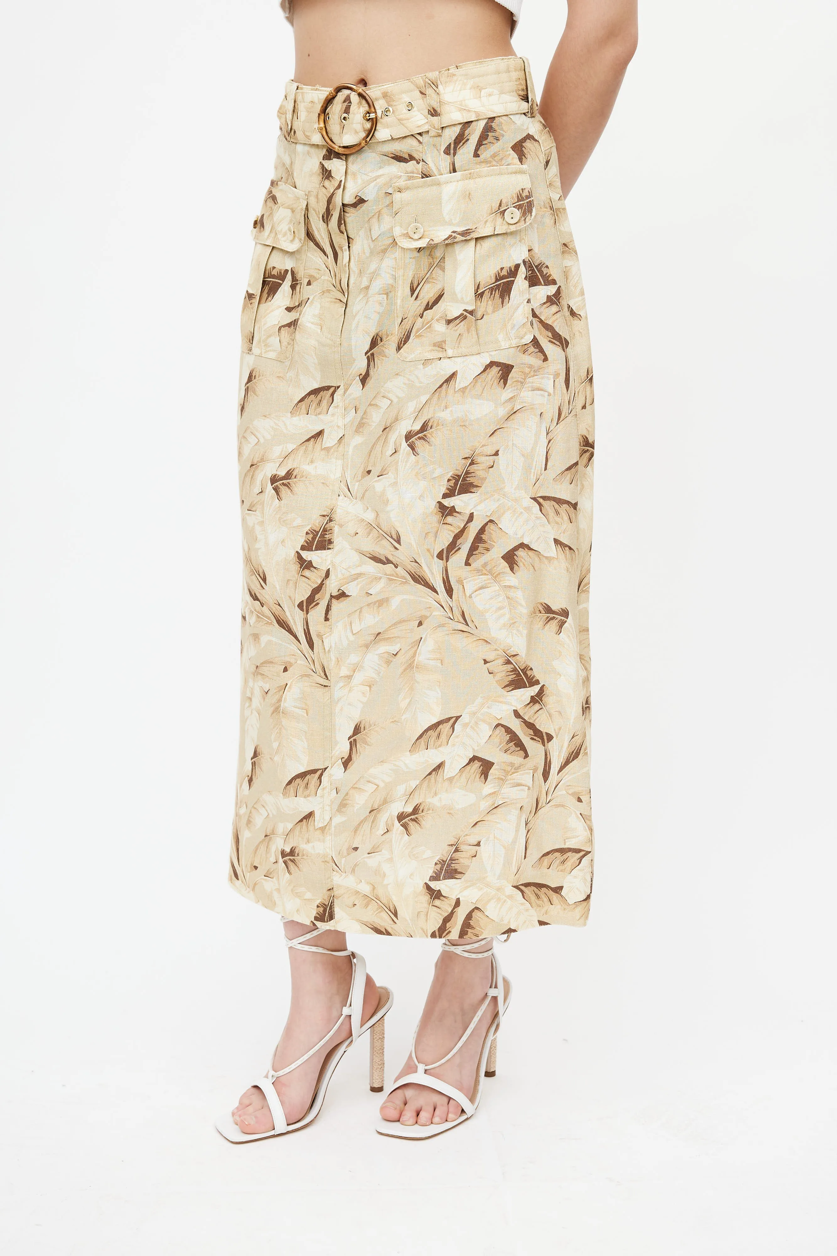 Beige & Yellow Floral Belted Skirt
