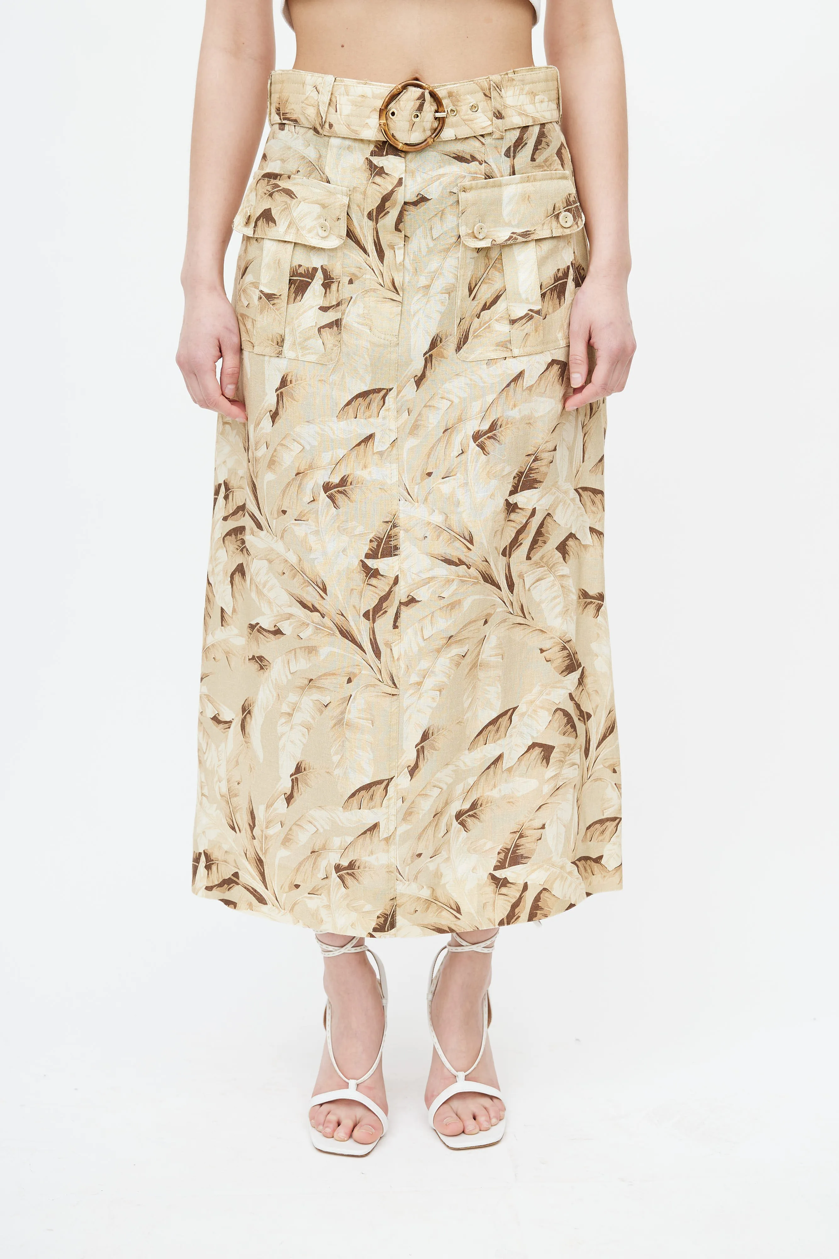 Beige & Yellow Floral Belted Skirt