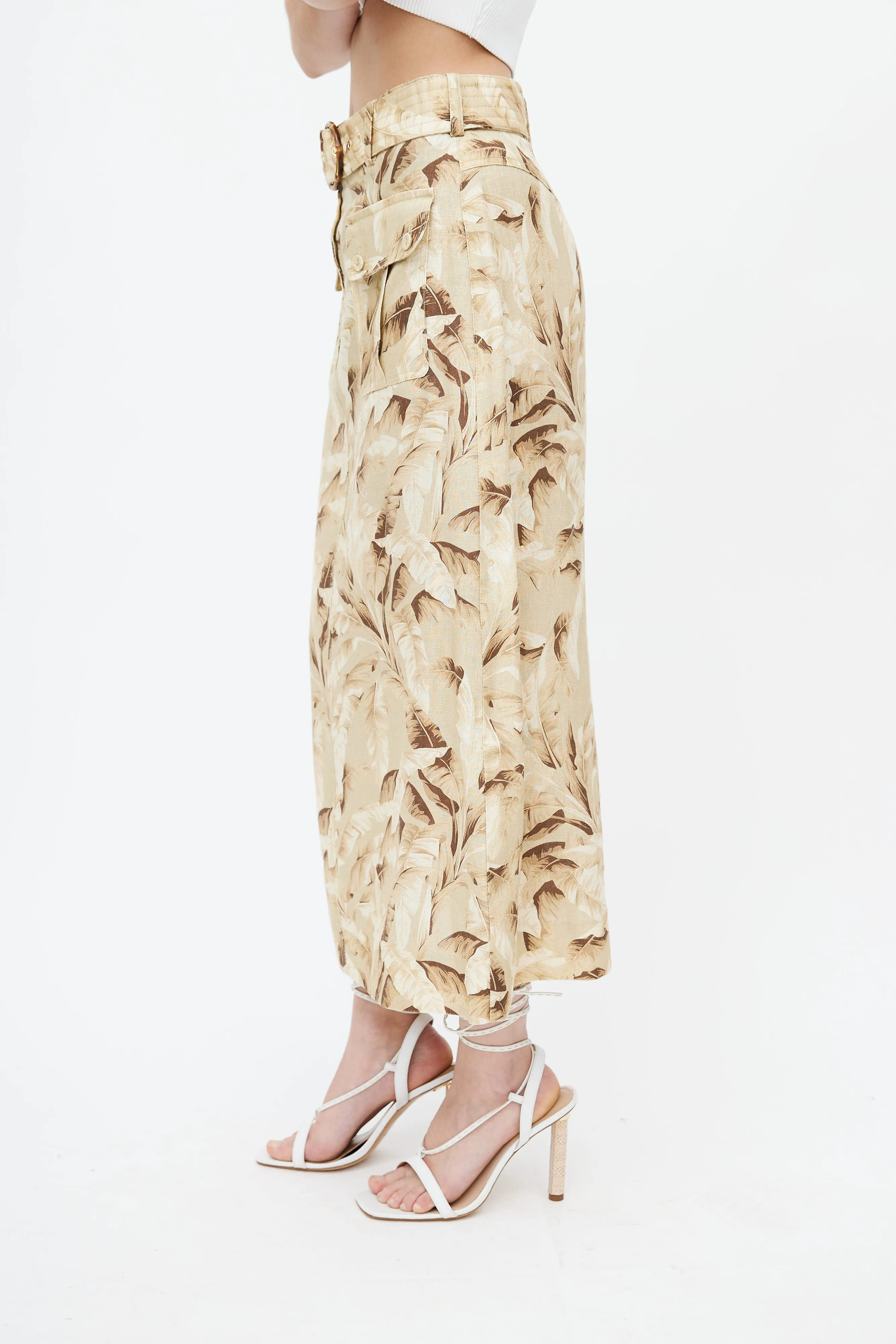 Beige & Yellow Floral Belted Skirt