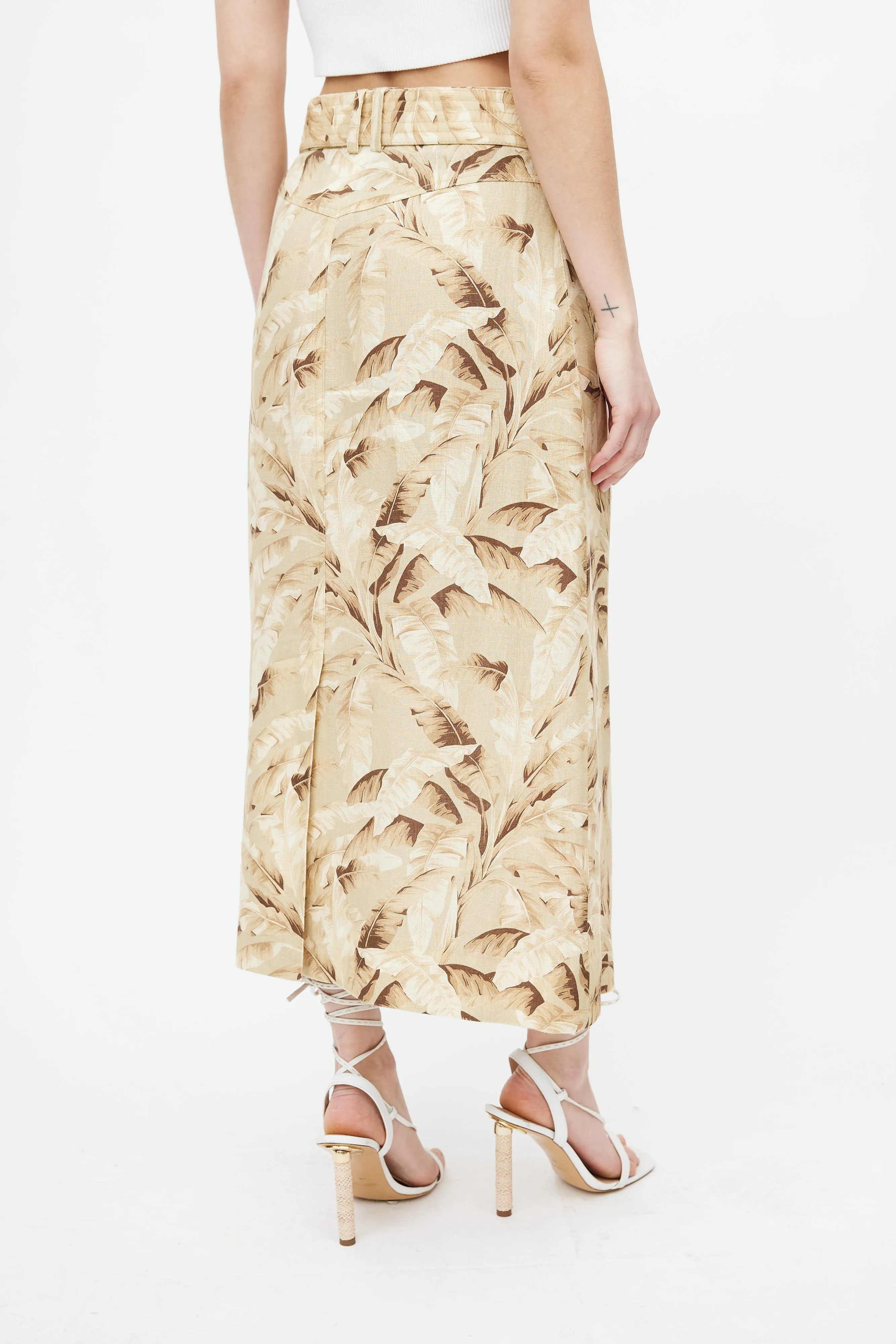 Beige & Yellow Floral Belted Skirt