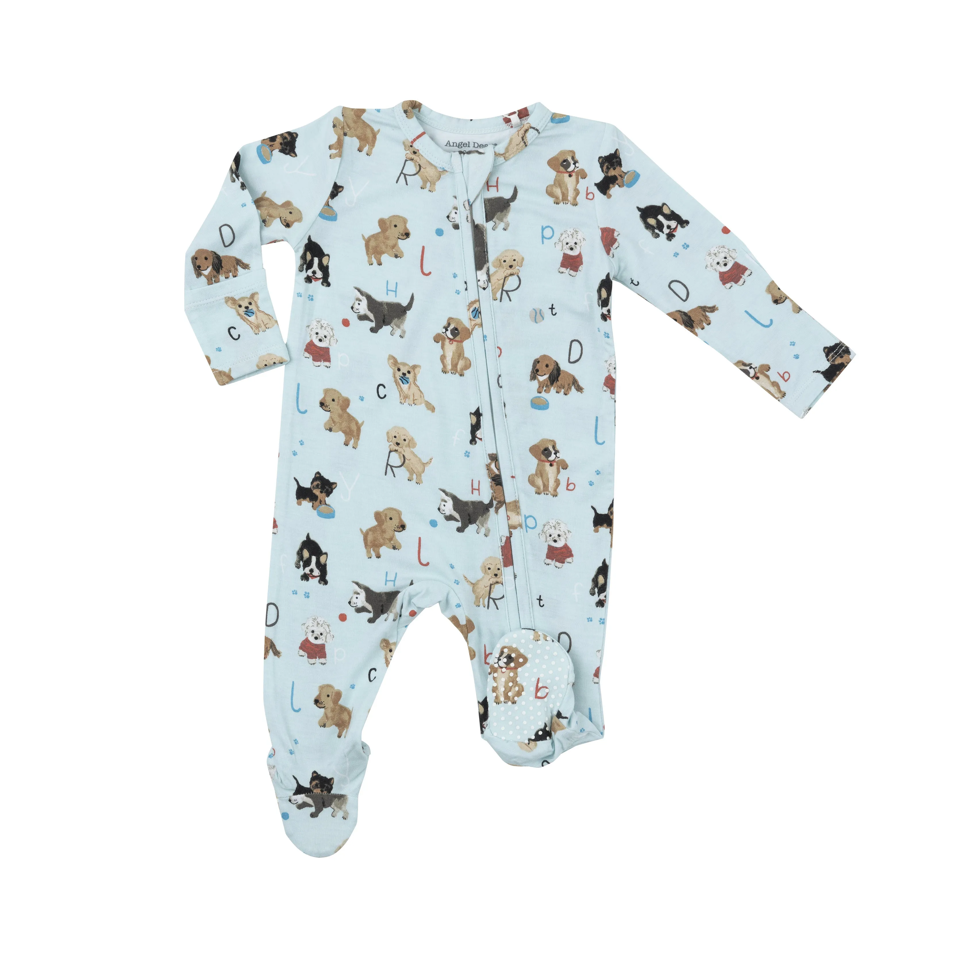 Blue Puppy Alphabet Bamboo 2 Way Zipper Footie