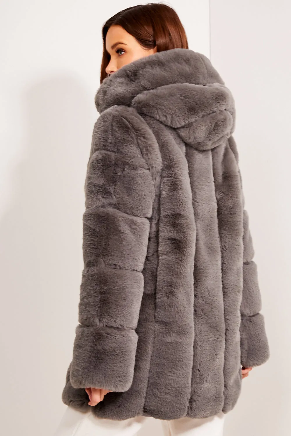 Charcoal Faux Fur Panelled Hooded Longline Coat