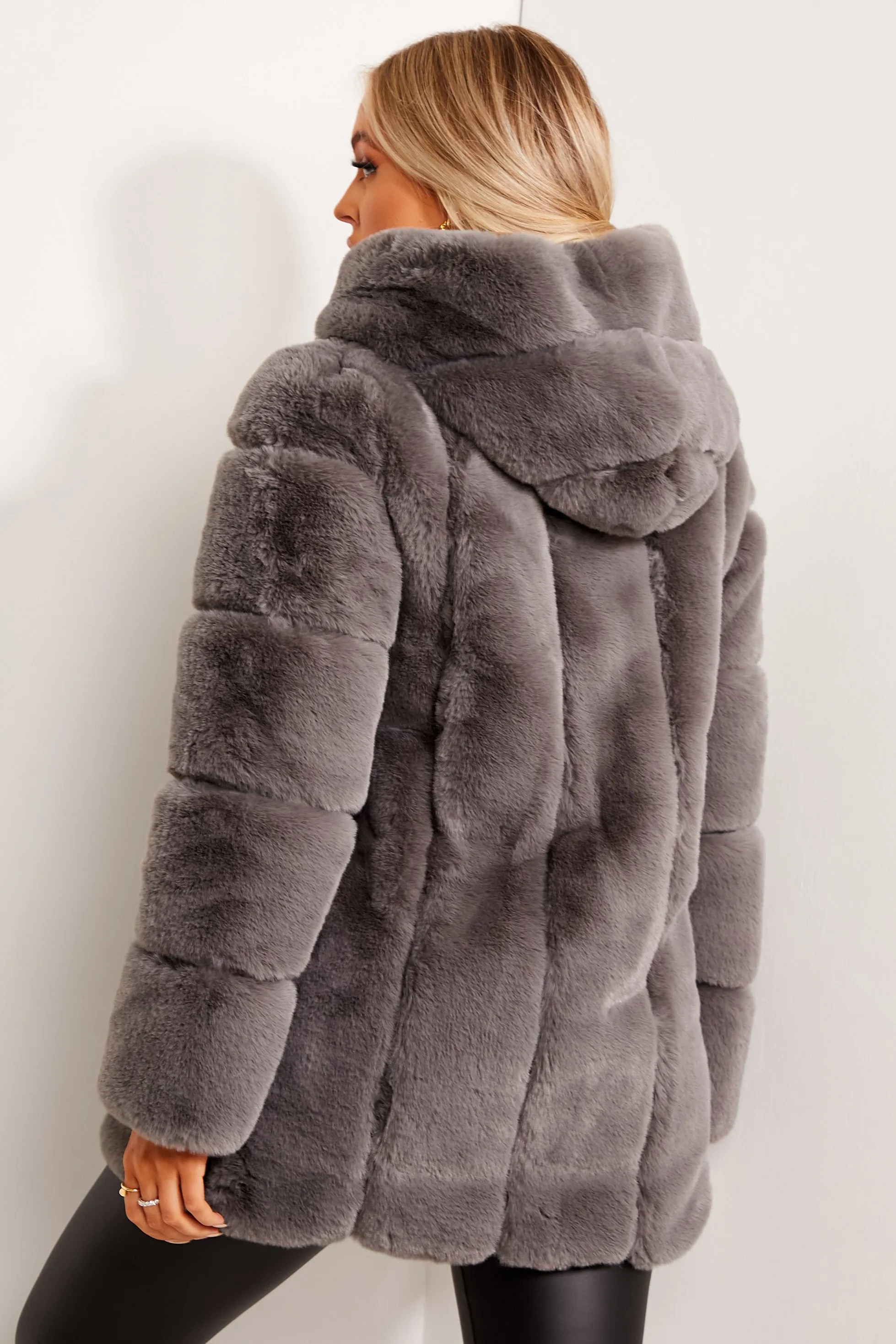 Charcoal Faux Fur Panelled Hooded Longline Coat