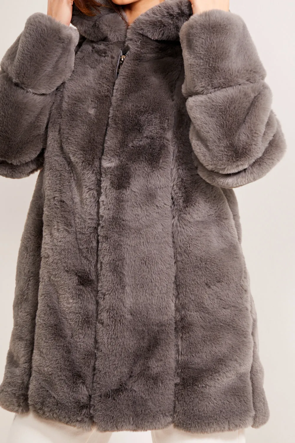 Charcoal Faux Fur Panelled Hooded Longline Coat