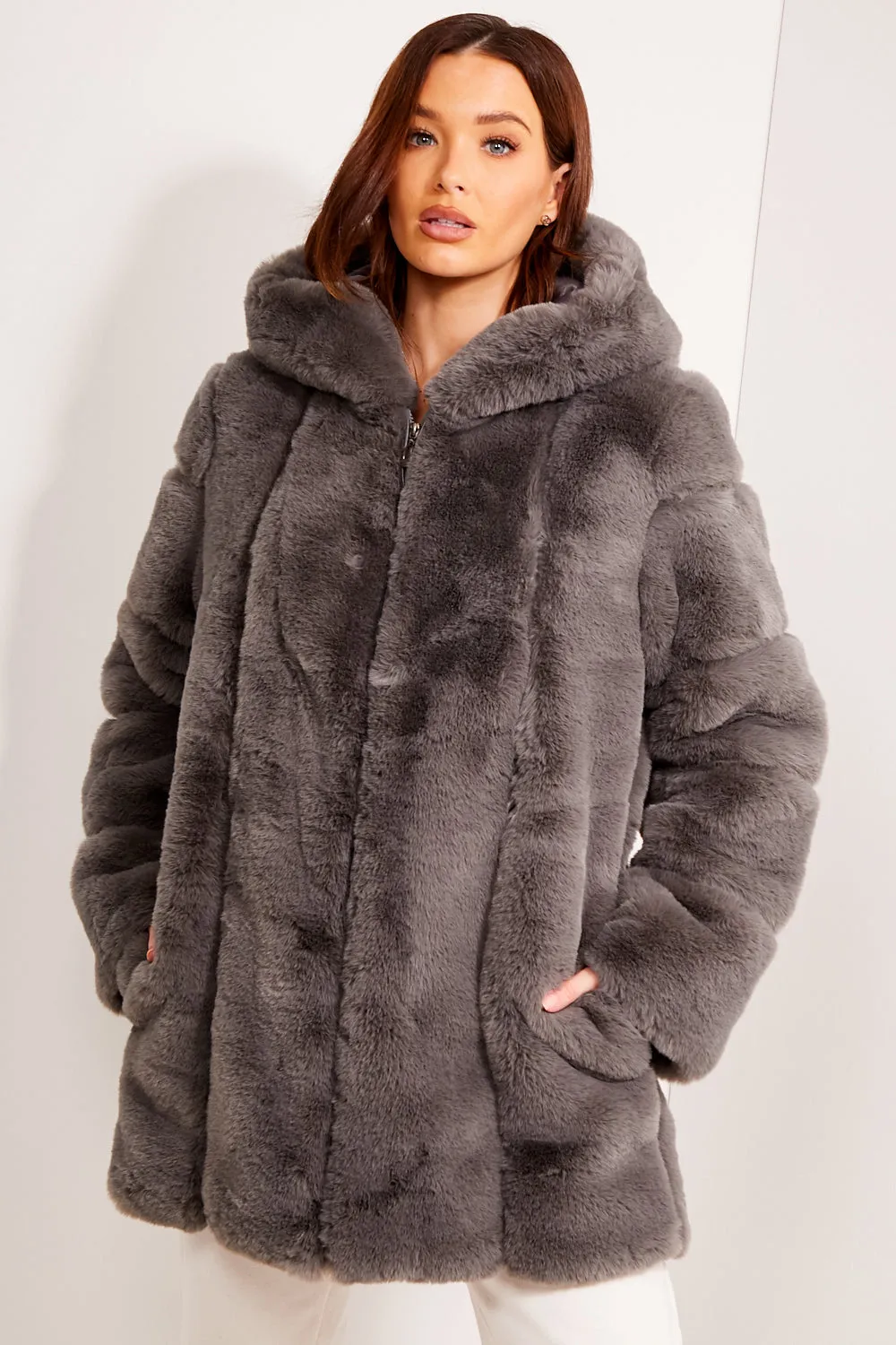 Charcoal Faux Fur Panelled Hooded Longline Coat