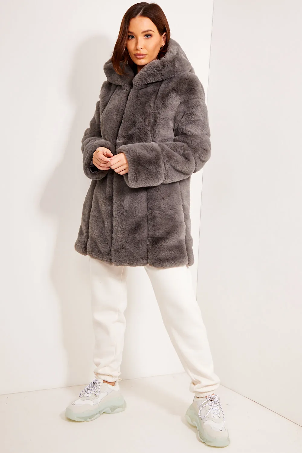 Charcoal Faux Fur Panelled Hooded Longline Coat
