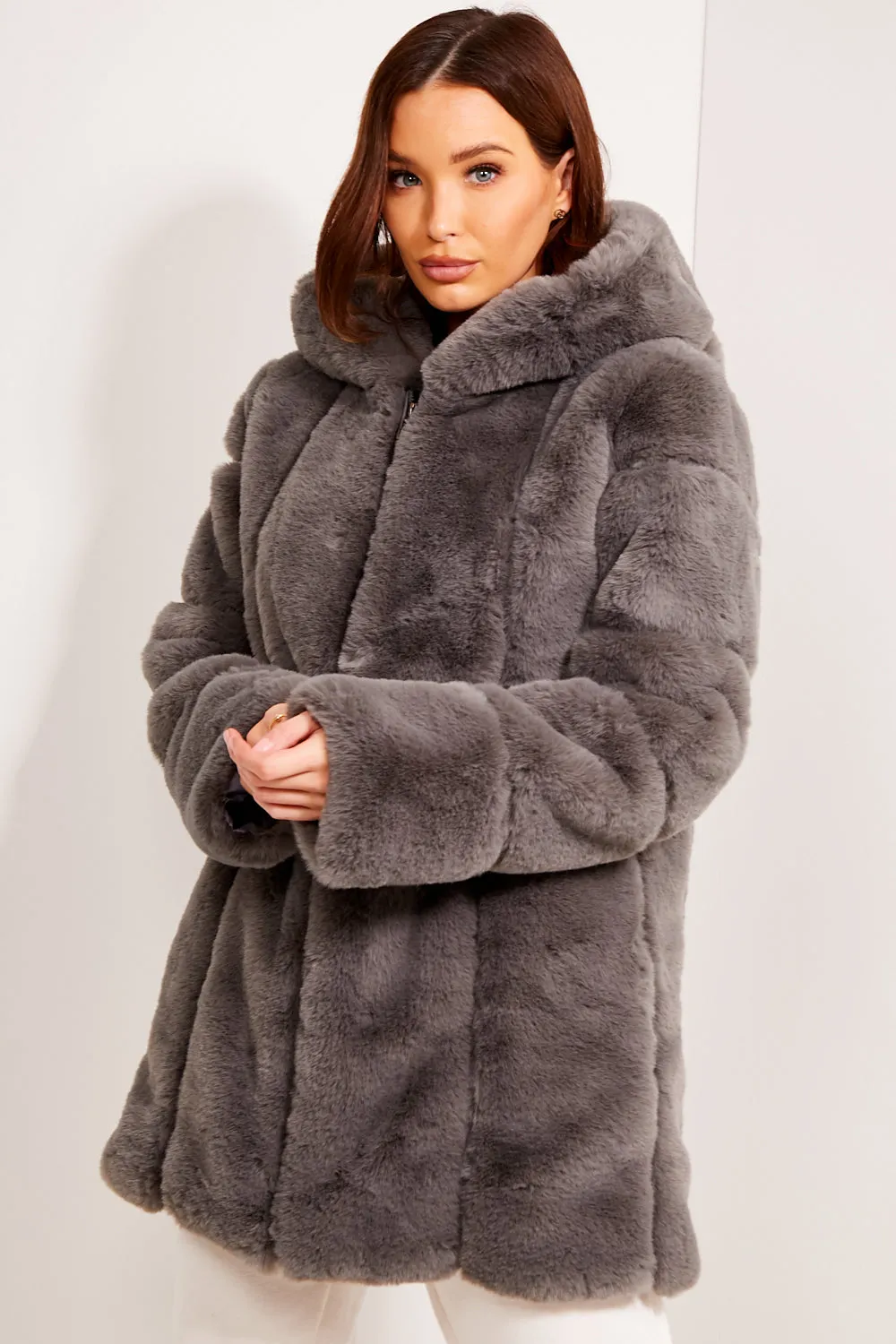 Charcoal Faux Fur Panelled Hooded Longline Coat
