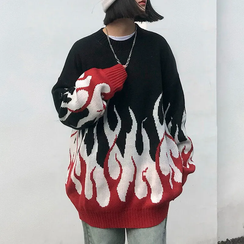 Fire Flame Leaks Graphic Knitted Sweater