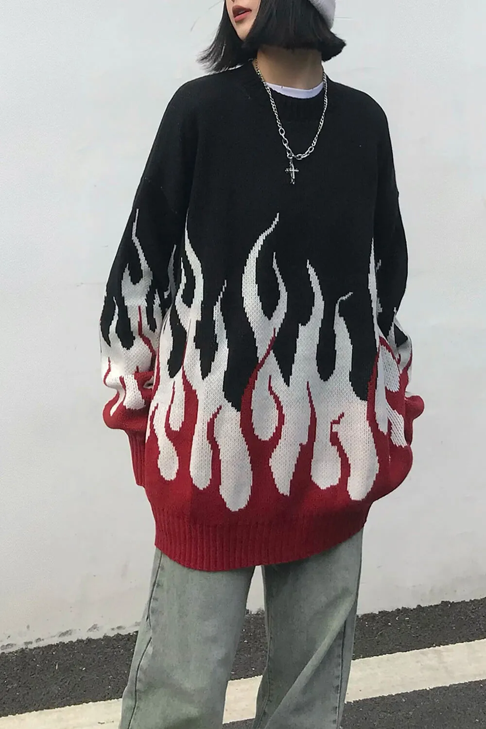Fire Flame Leaks Graphic Knitted Sweater