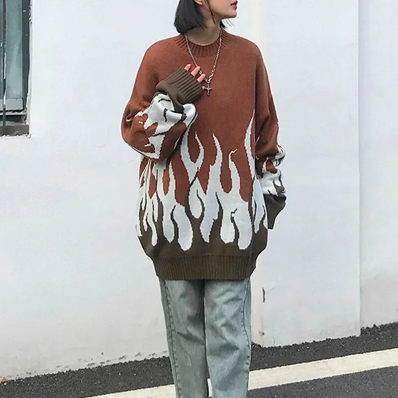 Fire Flame Leaks Graphic Knitted Sweater
