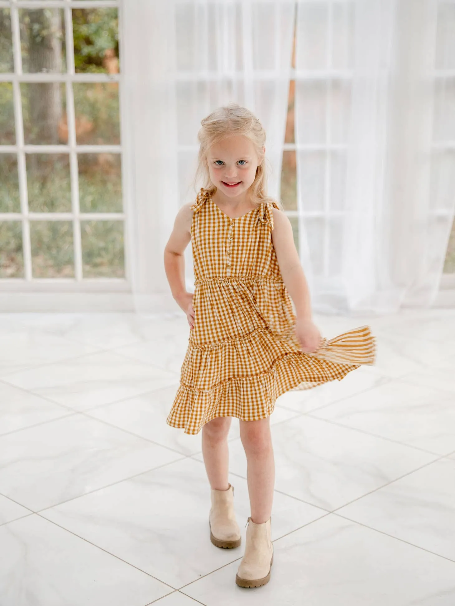 Golden Gingham Tie Dress