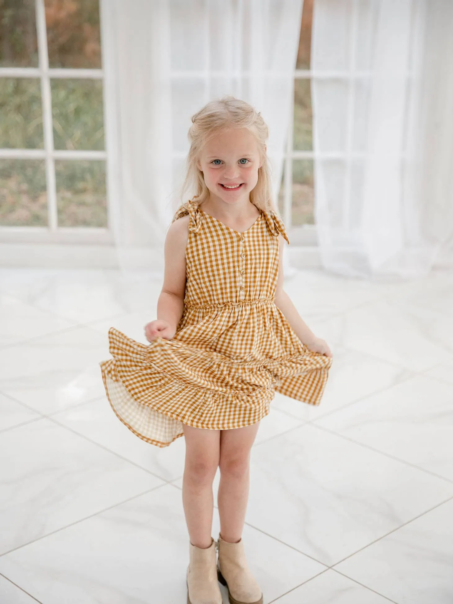 Golden Gingham Tie Dress