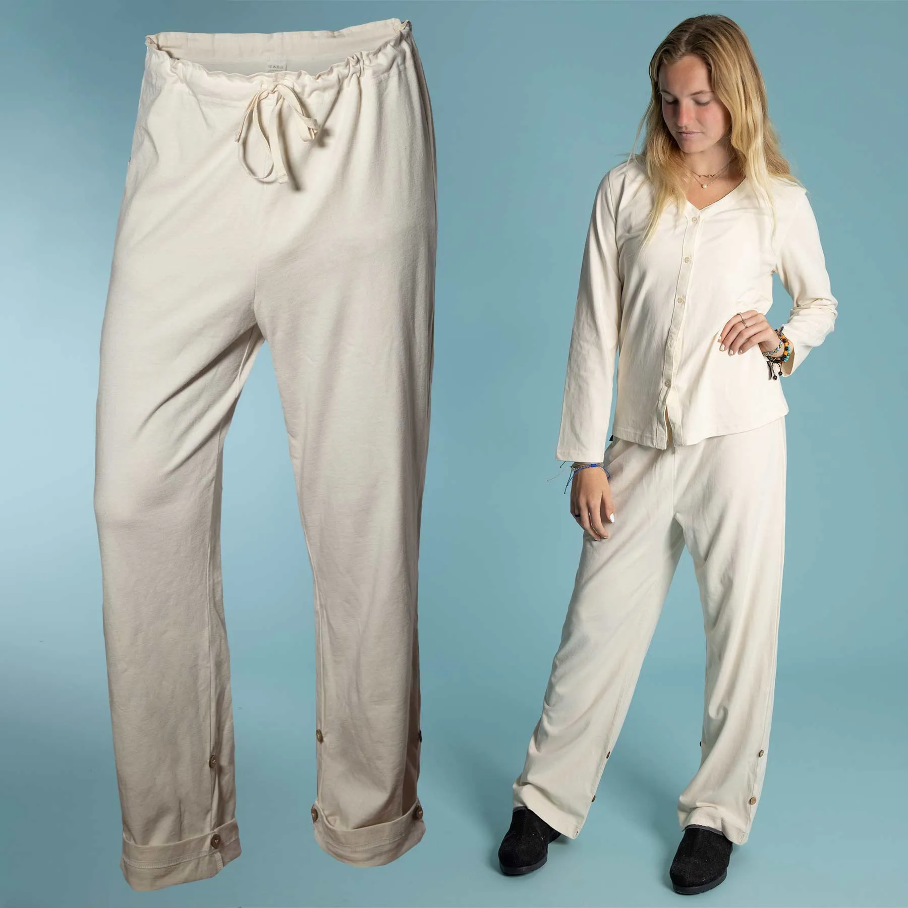 **INTERLAKEN Elastic-Free Unisex 100% Organic Cotton Jammy Lounge Pants with Plastic-Free Coconut Buttons | Eco-Friendly & Biodegradable Thread Option**