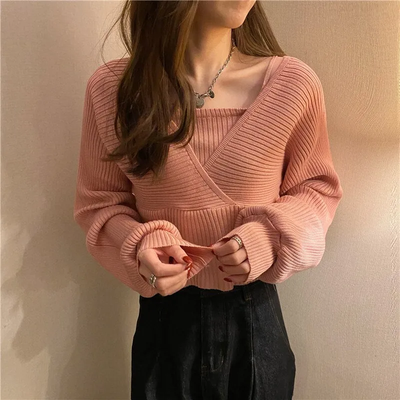 Joskaa Christmas Gift Elegant Solid Slim Autumn Short V Neck White Knitted Tops Bottom Fake Two Pieces Pullover Sweaters Lady Fashion Chic Korea 17394