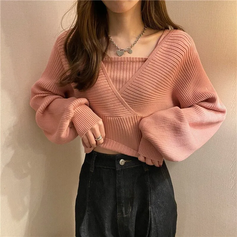 Joskaa Christmas Gift Elegant Solid Slim Autumn Short V Neck White Knitted Tops Bottom Fake Two Pieces Pullover Sweaters Lady Fashion Chic Korea 17394
