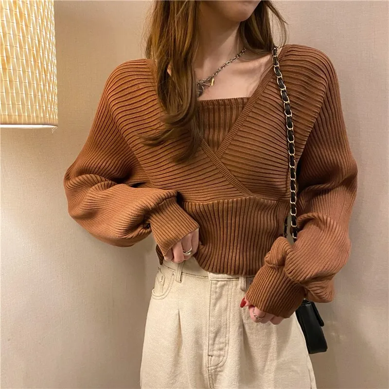 Joskaa Christmas Gift Elegant Solid Slim Autumn Short V Neck White Knitted Tops Bottom Fake Two Pieces Pullover Sweaters Lady Fashion Chic Korea 17394