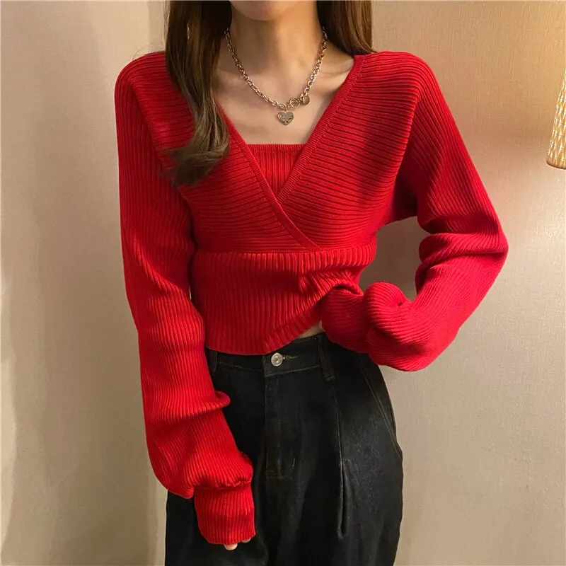 Joskaa Christmas Gift Elegant Solid Slim Autumn Short V Neck White Knitted Tops Bottom Fake Two Pieces Pullover Sweaters Lady Fashion Chic Korea 17394