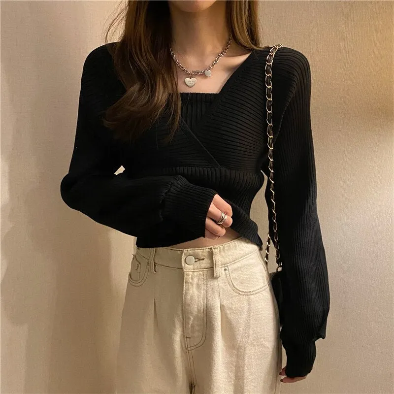 Joskaa Christmas Gift Elegant Solid Slim Autumn Short V Neck White Knitted Tops Bottom Fake Two Pieces Pullover Sweaters Lady Fashion Chic Korea 17394