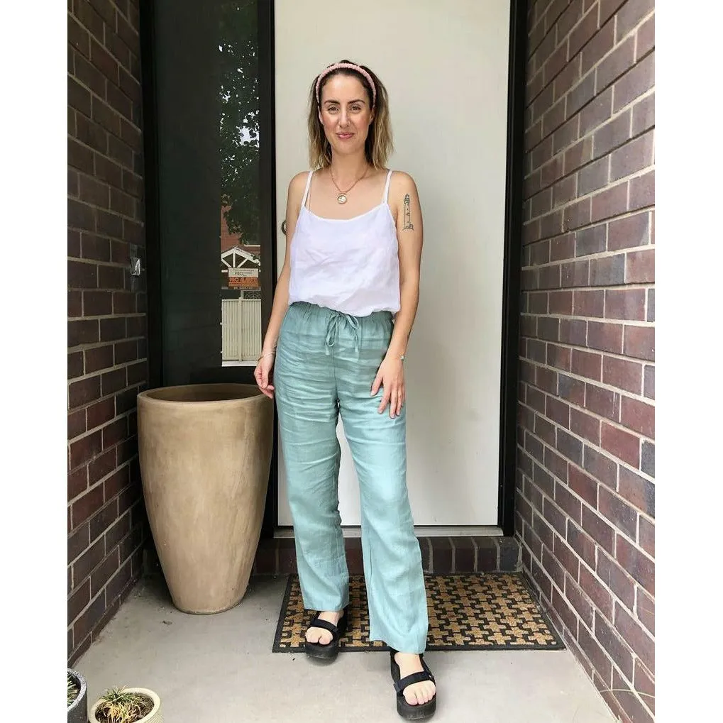 Linen Cami and Pant PJ Set - White and Sage Green