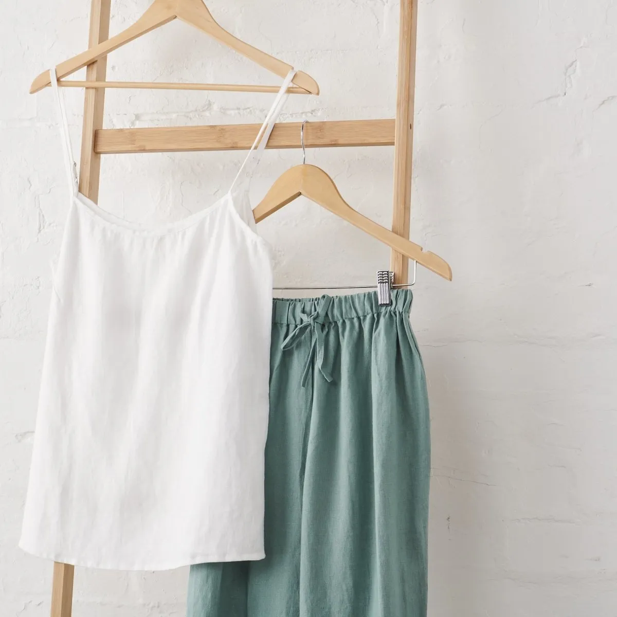 Linen Cami and Pant PJ Set - White and Sage Green