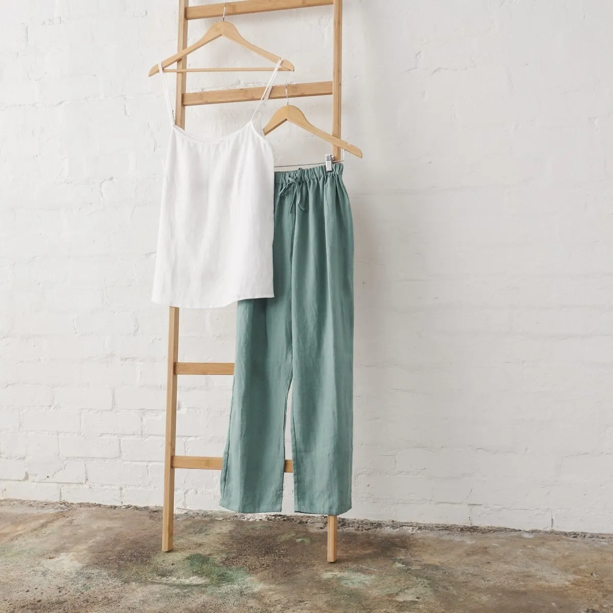 Linen Cami and Pant PJ Set - White and Sage Green