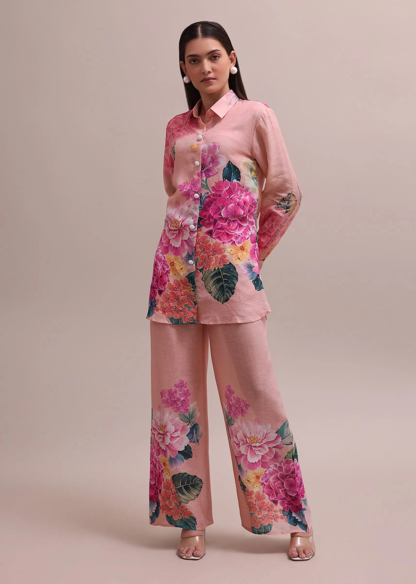 Pastel Pink Linen Co-ord Set With Floral Prints And Sequin Work For Summer