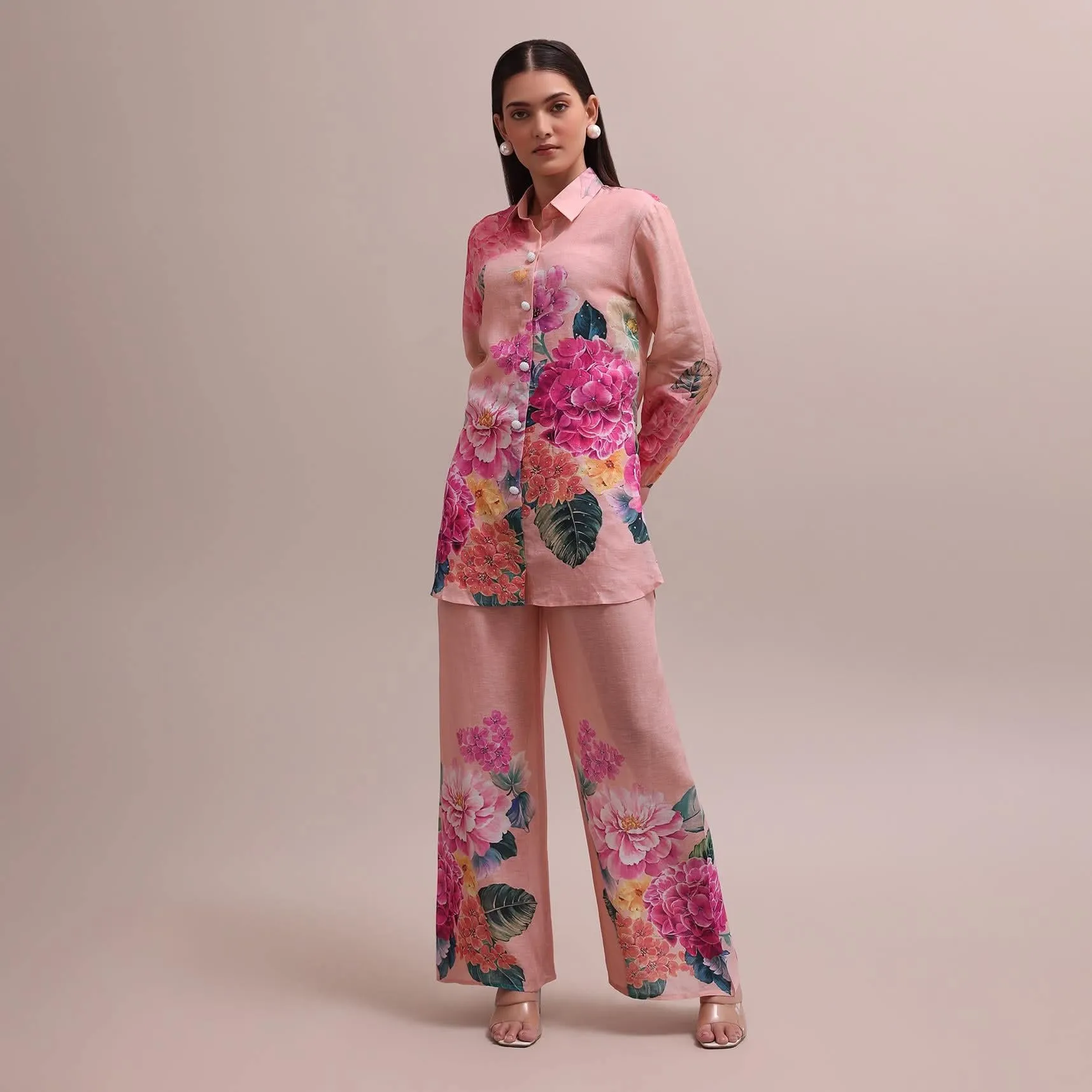 Pastel Pink Linen Co-ord Set With Floral Prints And Sequin Work For Summer