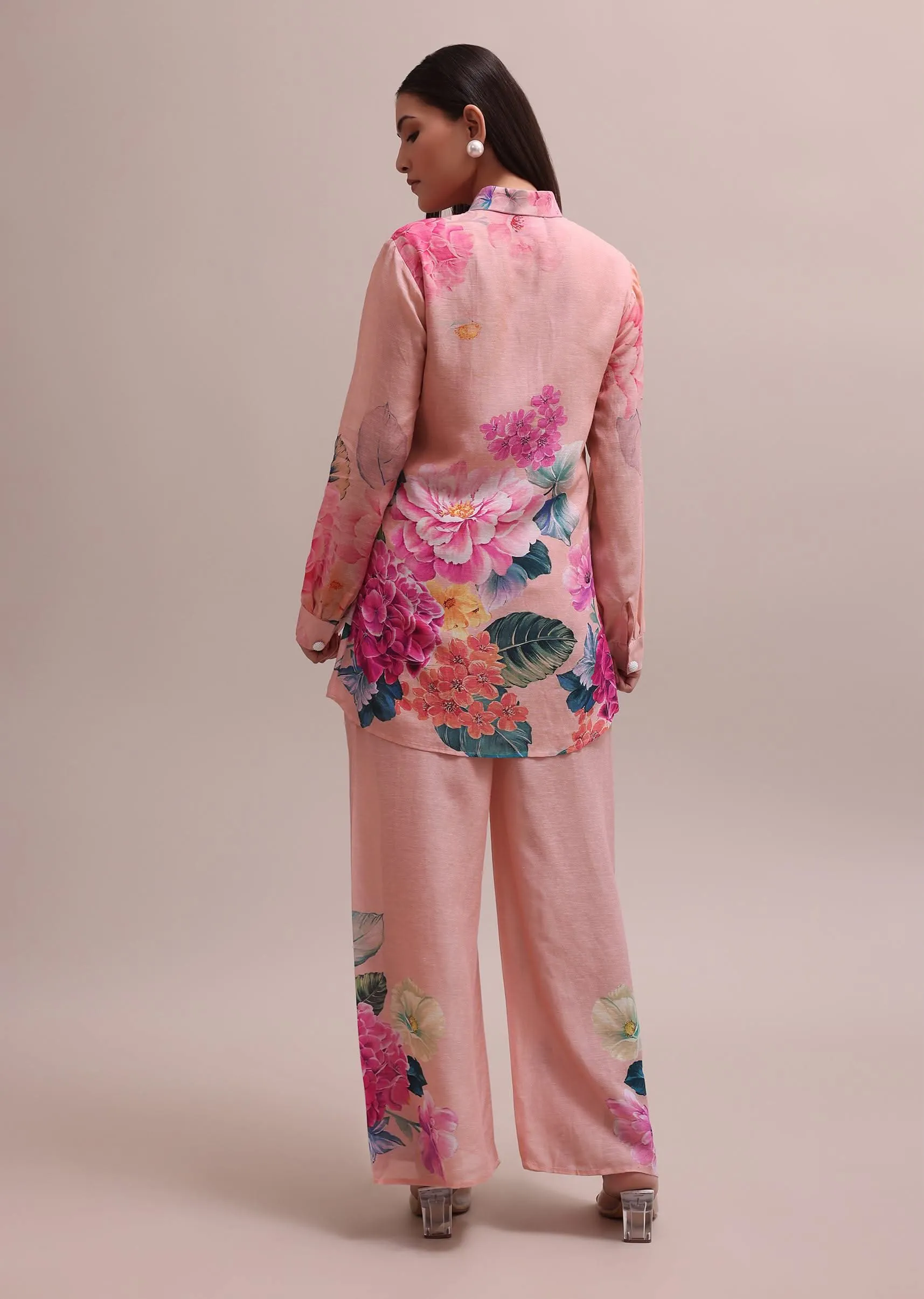 Pastel Pink Linen Co-ord Set With Floral Prints And Sequin Work For Summer