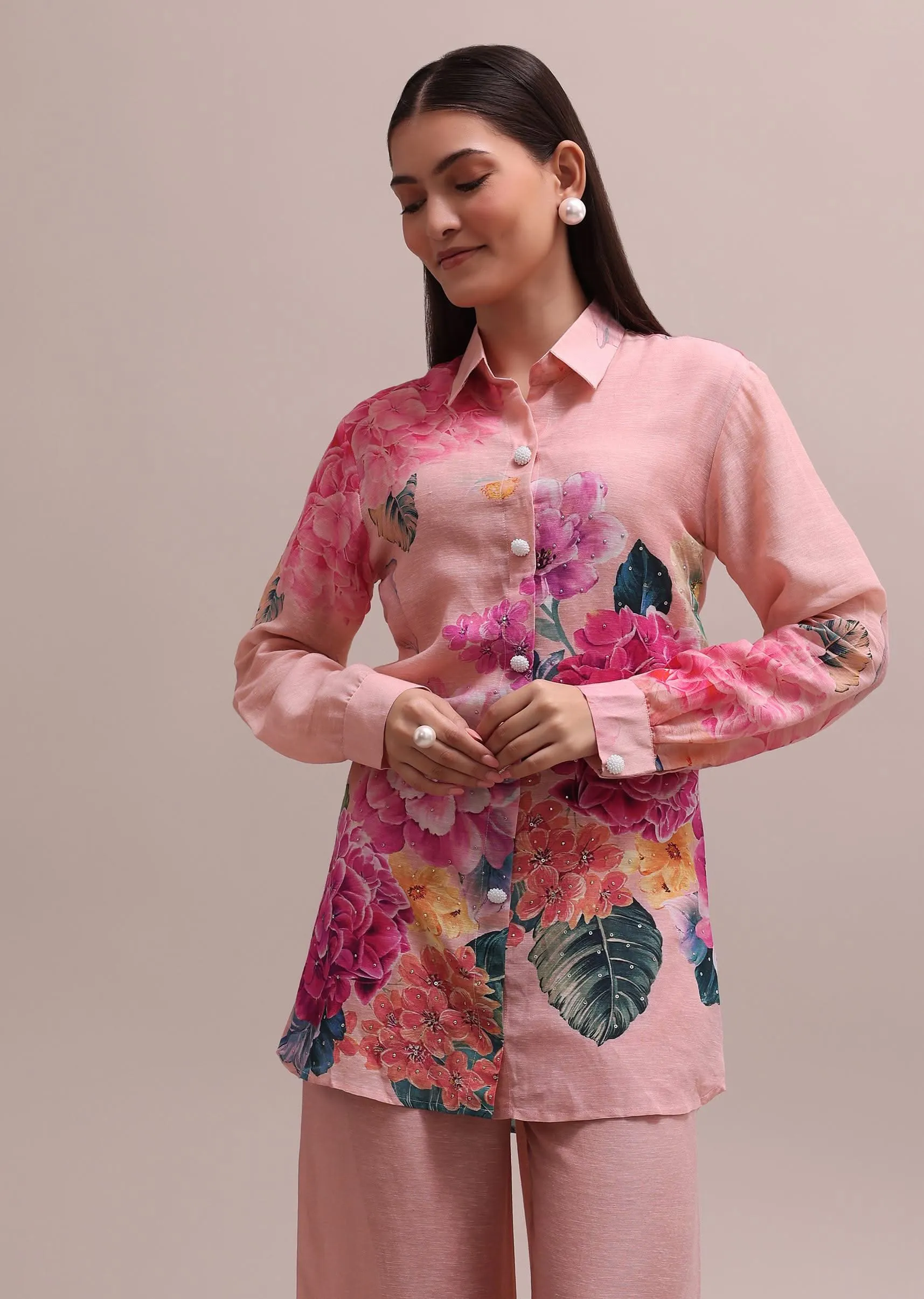 Pastel Pink Linen Co-ord Set With Floral Prints And Sequin Work For Summer