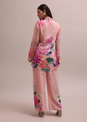 Pastel Pink Linen Co-ord Set With Floral Prints And Sequin Work For Summer