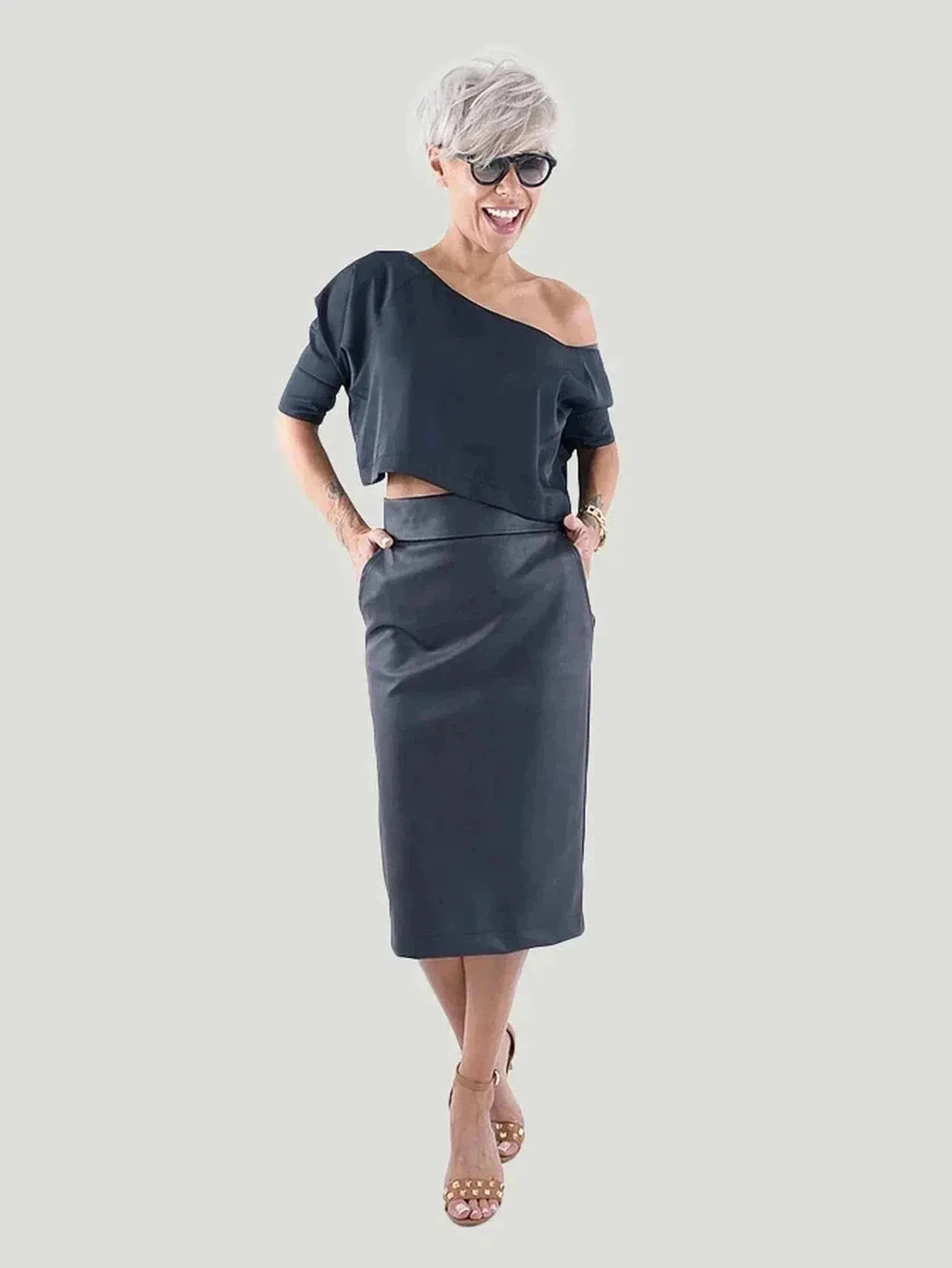 Plus Size Black Leatherette Midi Skirt | 100% Polyester | Versatile Day-to-Night Style | One Posh Closet