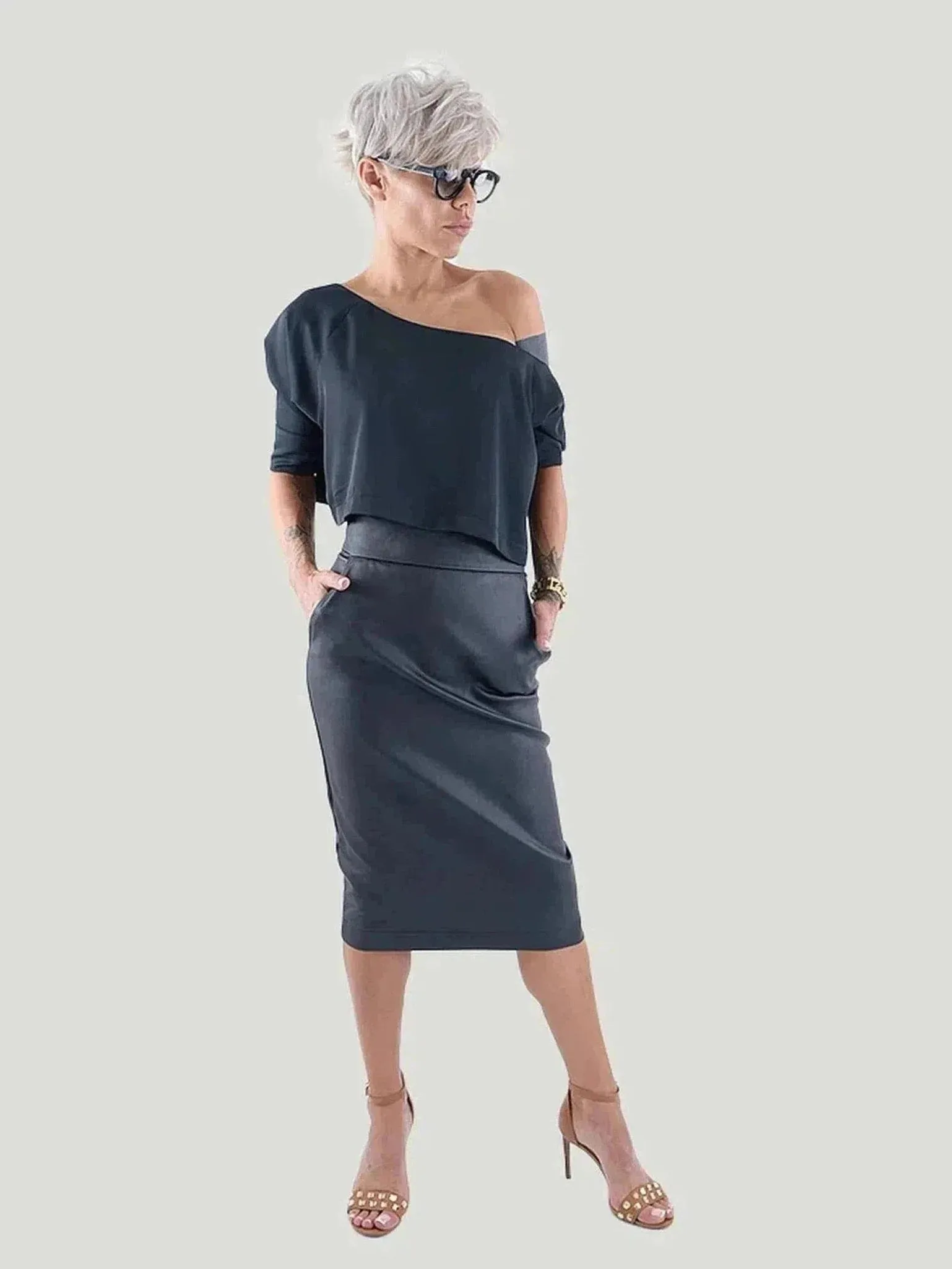 Plus Size Black Leatherette Midi Skirt | 100% Polyester | Versatile Day-to-Night Style | One Posh Closet