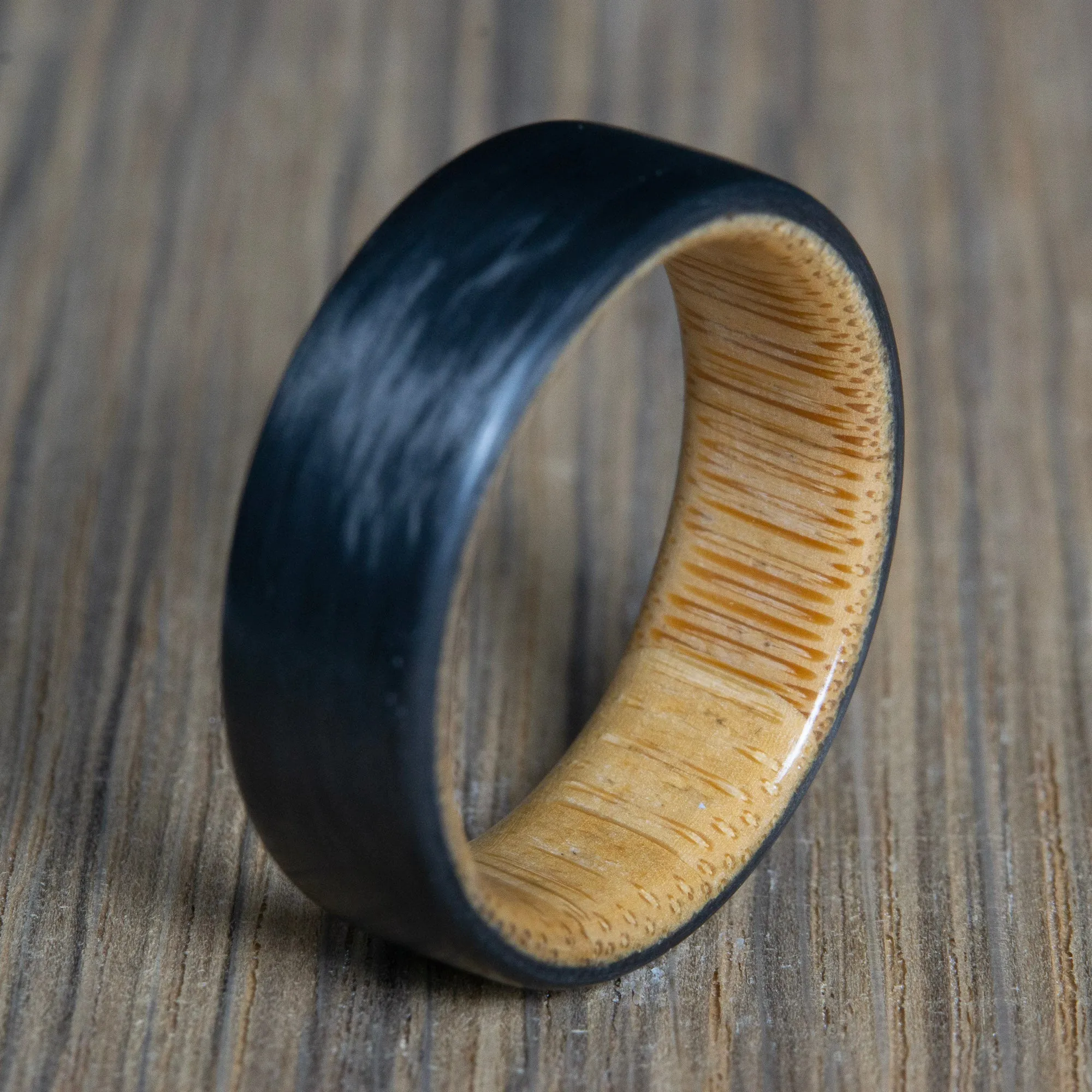 "The Panda" Bamboo and Carbon fiber wedding ring, Unique handmade wooden ring wrapped in Carbon Fiber