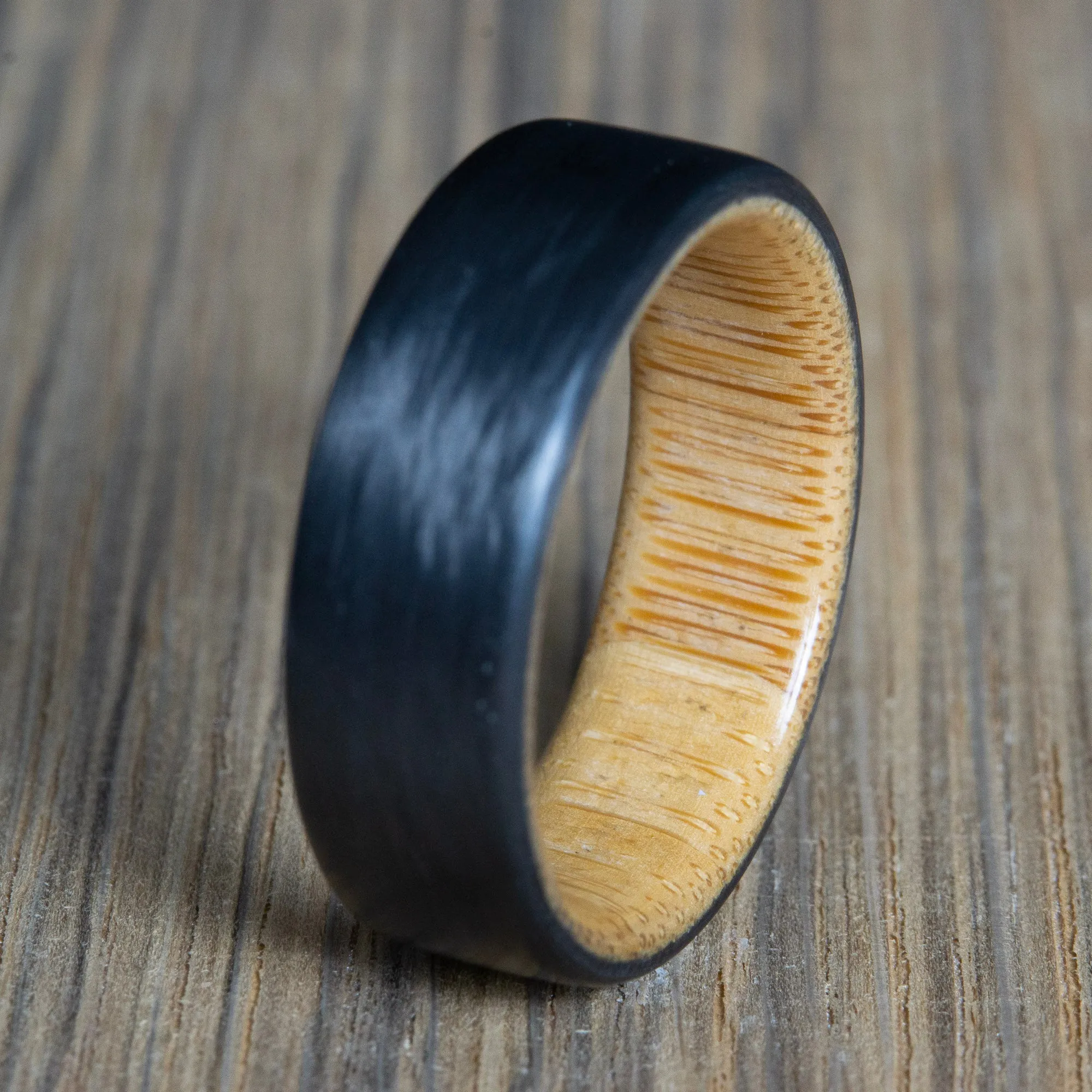 "The Panda" Bamboo and Carbon fiber wedding ring, Unique handmade wooden ring wrapped in Carbon Fiber