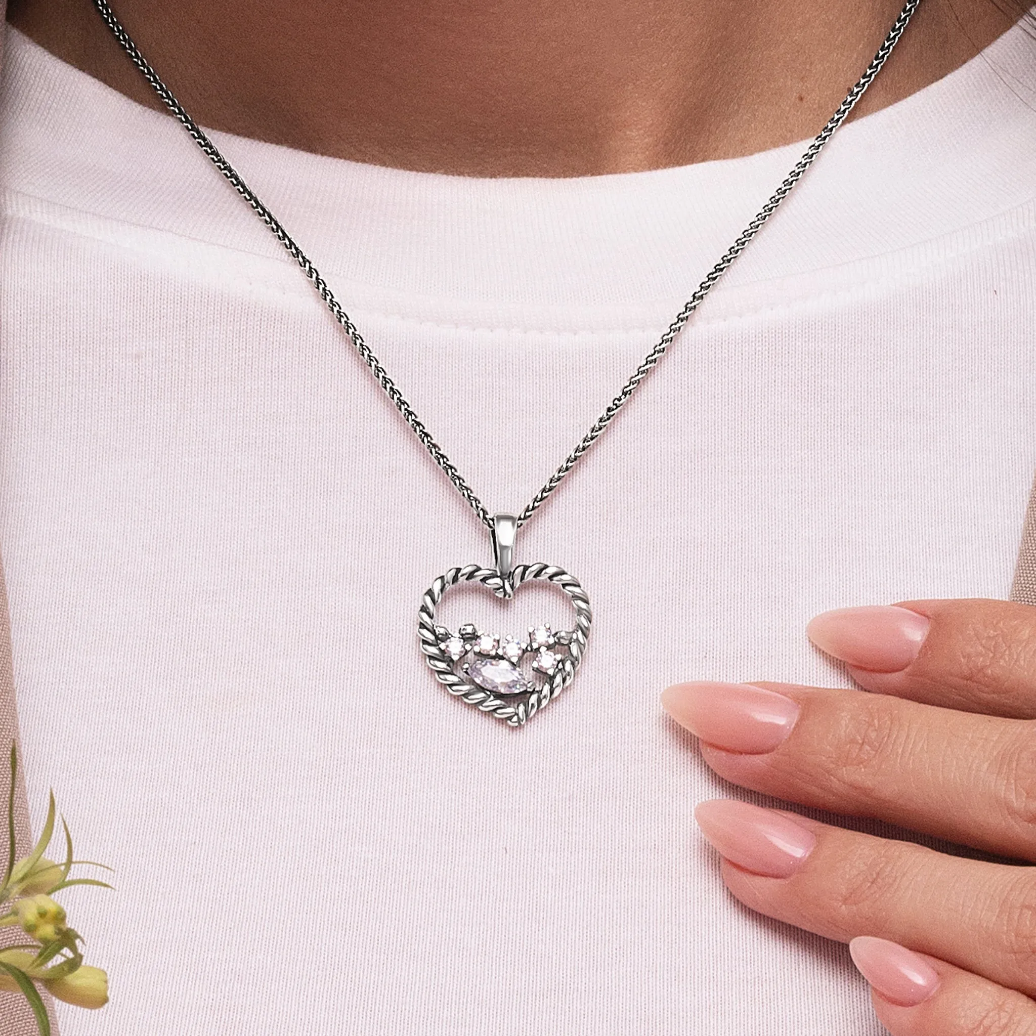 Sterling Silver CZ Braid Heart Necklace