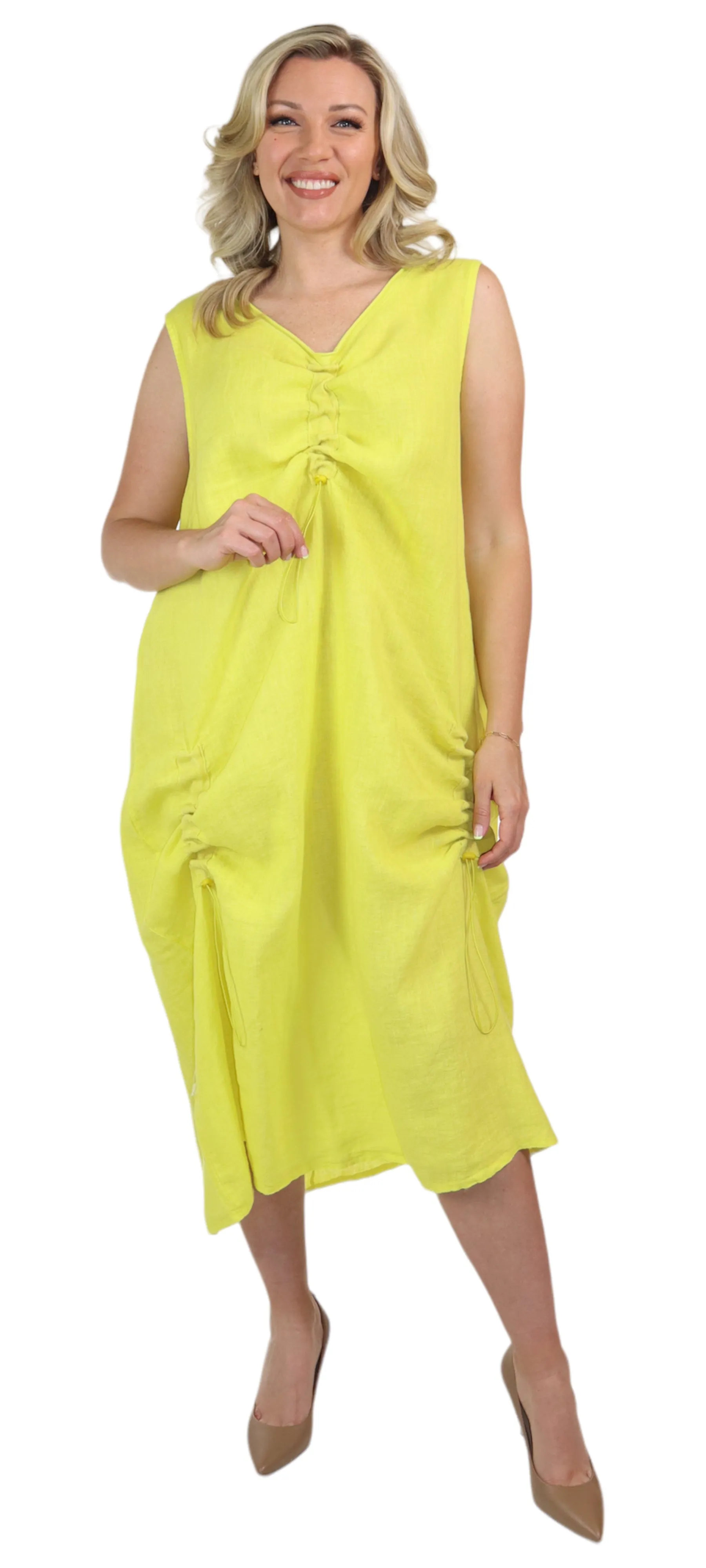 Womens All Natural Linen Ruched Dress with Adjustable Drawstring | Reg & Plus Sizes